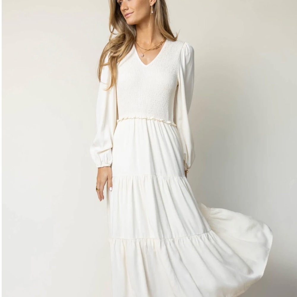 Bohme Smocked Tiered Midi Dress in Ivory - NWT Size Small